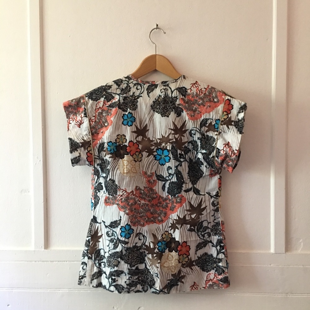 Hawaiian Floral Boho Gold Trim Pleated Yoke A-Line Boho Chic Blouse Billtornade - Picture 4 of 9